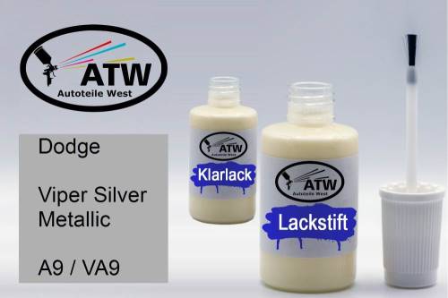 Dodge, Viper Silver Metallic, A9 / VA9: 20ml Lackstift + 20ml Klarlack - Set, von ATW Autoteile West.